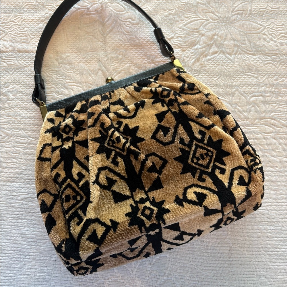 Cara Black and Tan Shoulder Bag with Geometric Floral Design